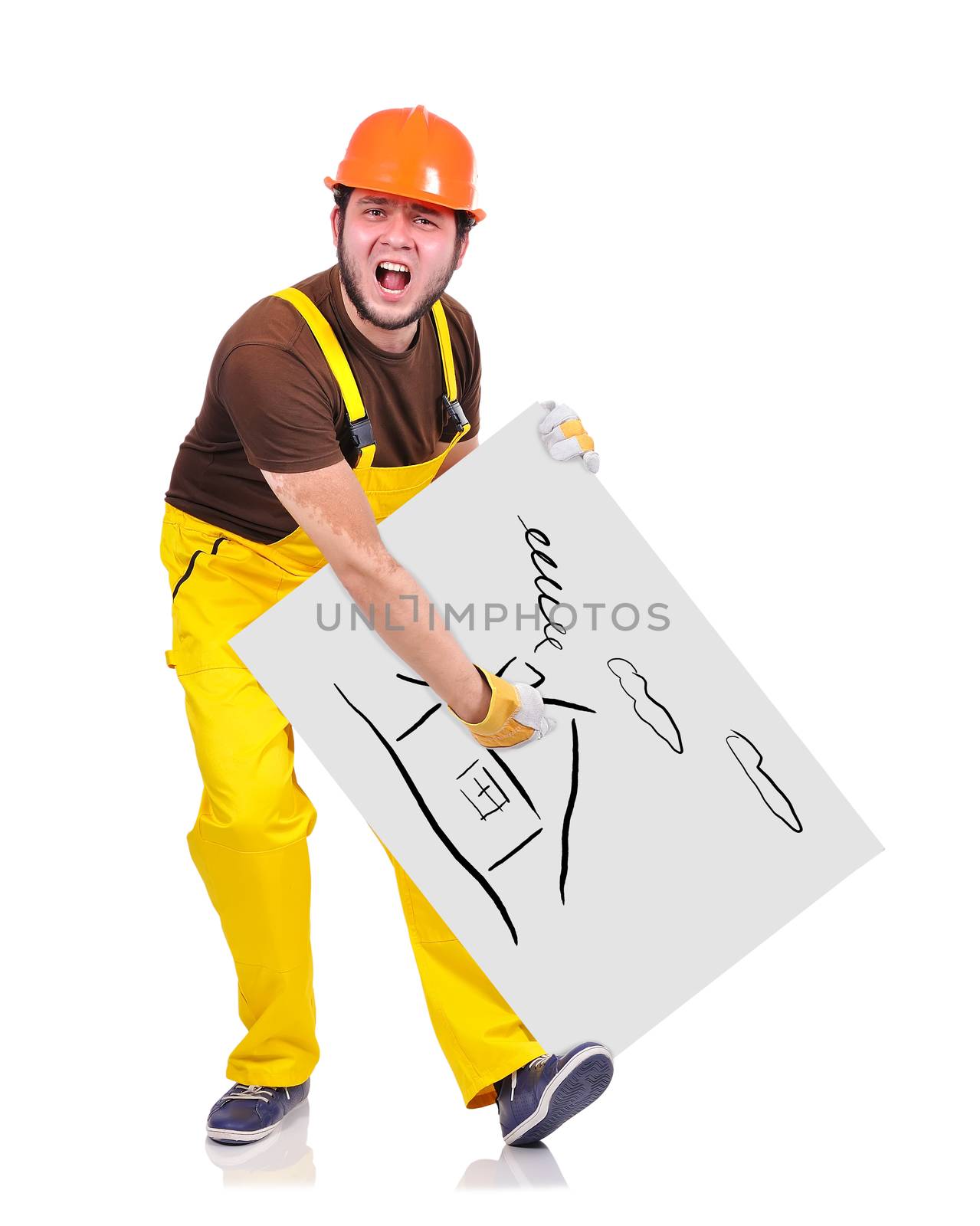 builder holding poster with drawing house