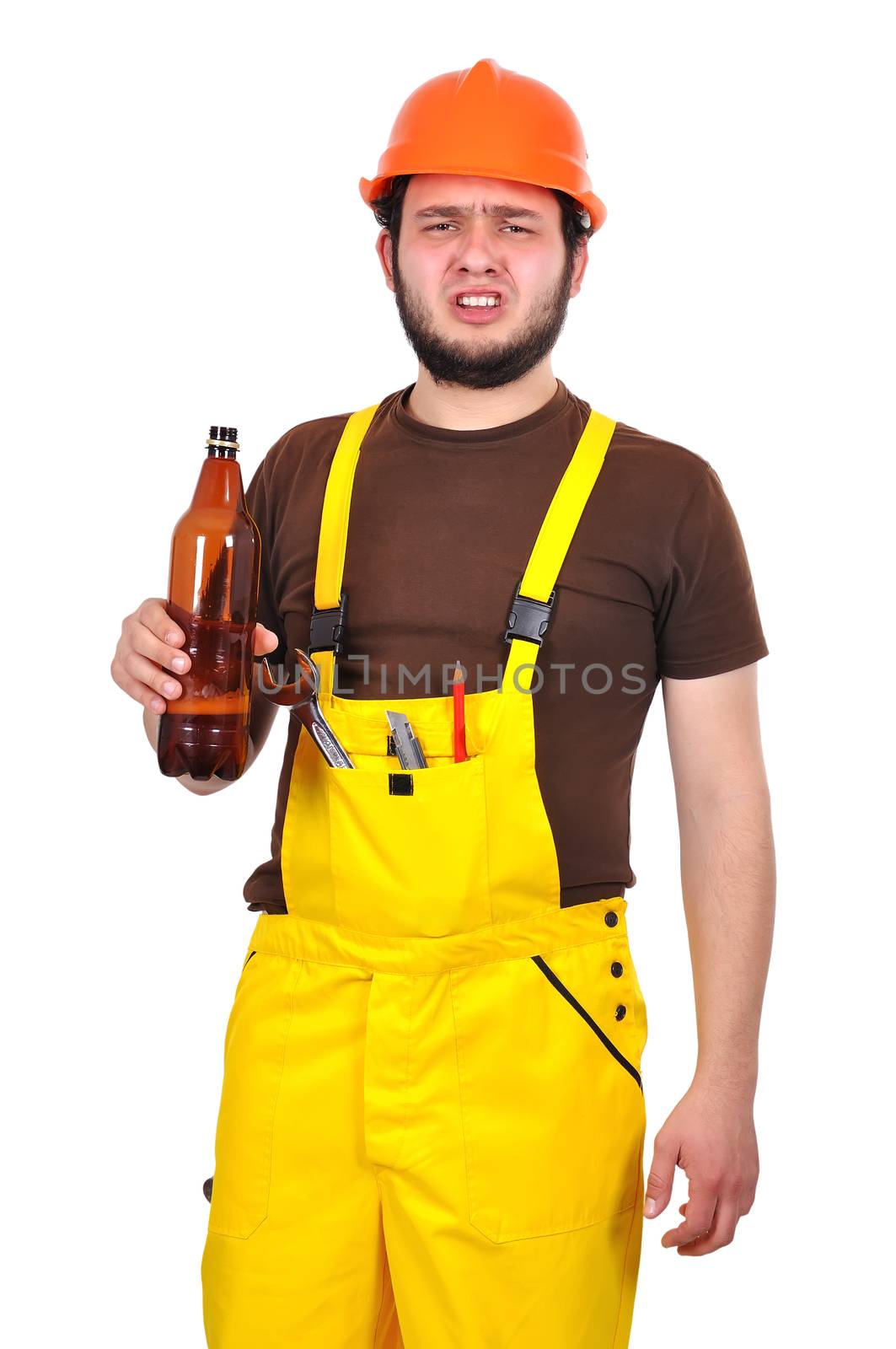 builder with drink and hammer on a white background