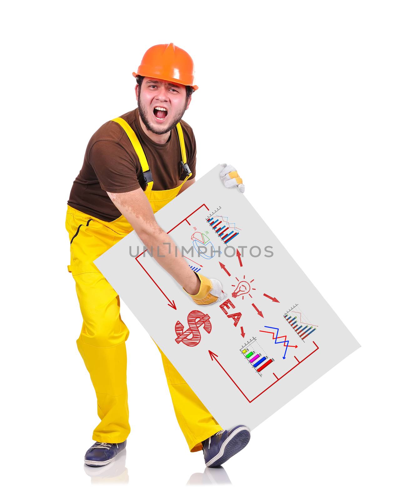 builder holding poster with drawing idea concept