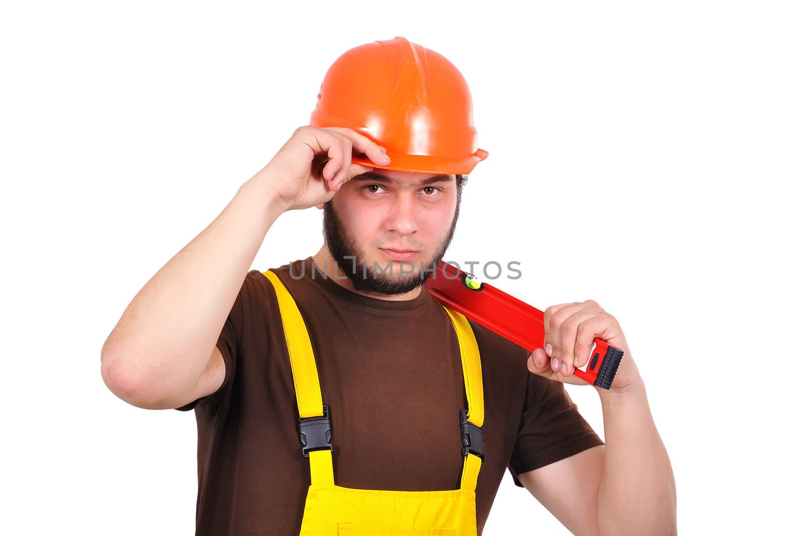 builder holding water level on a white background