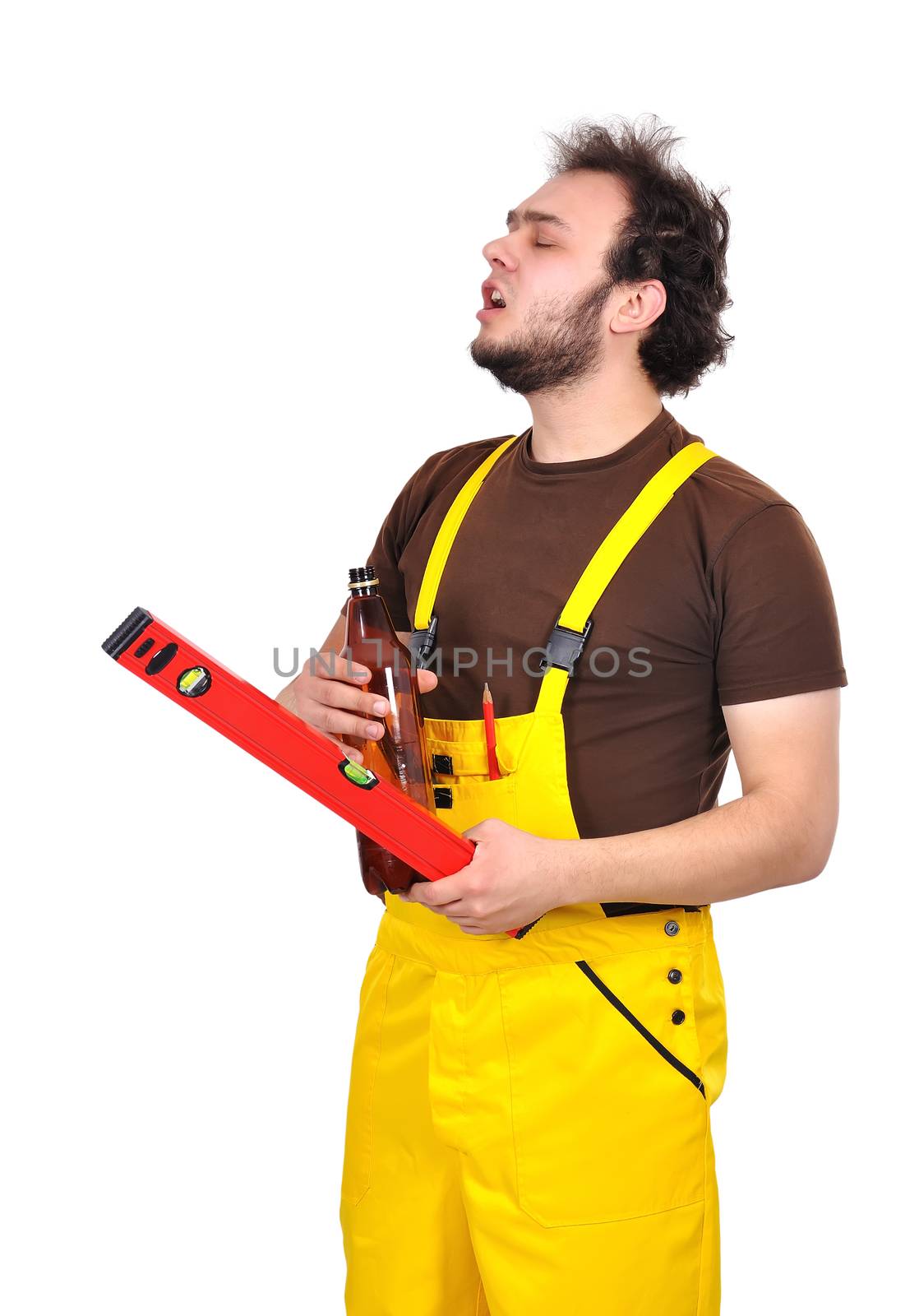 builder with beer and wasserwaage on a white background