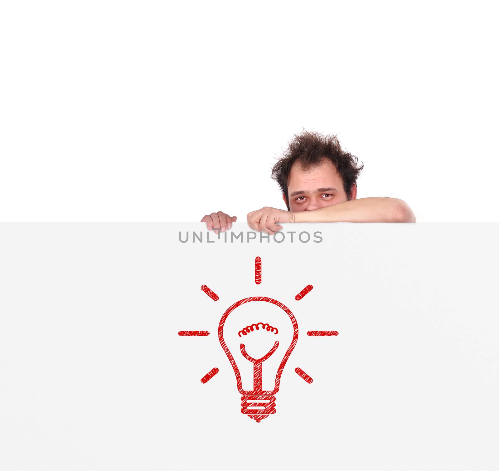 unhappy men holding big poster with light bulb