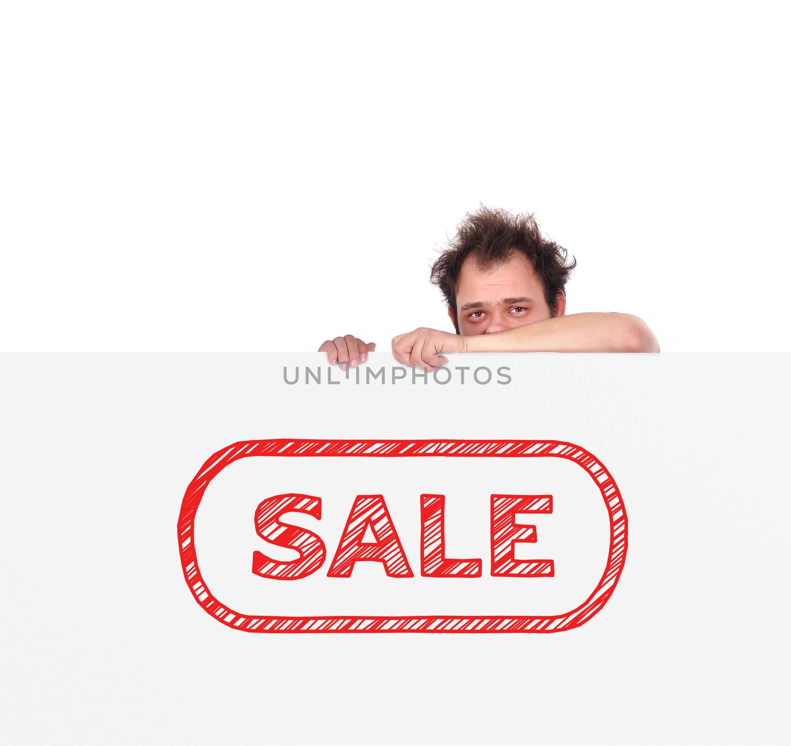 unhappy men holding big poster with sale