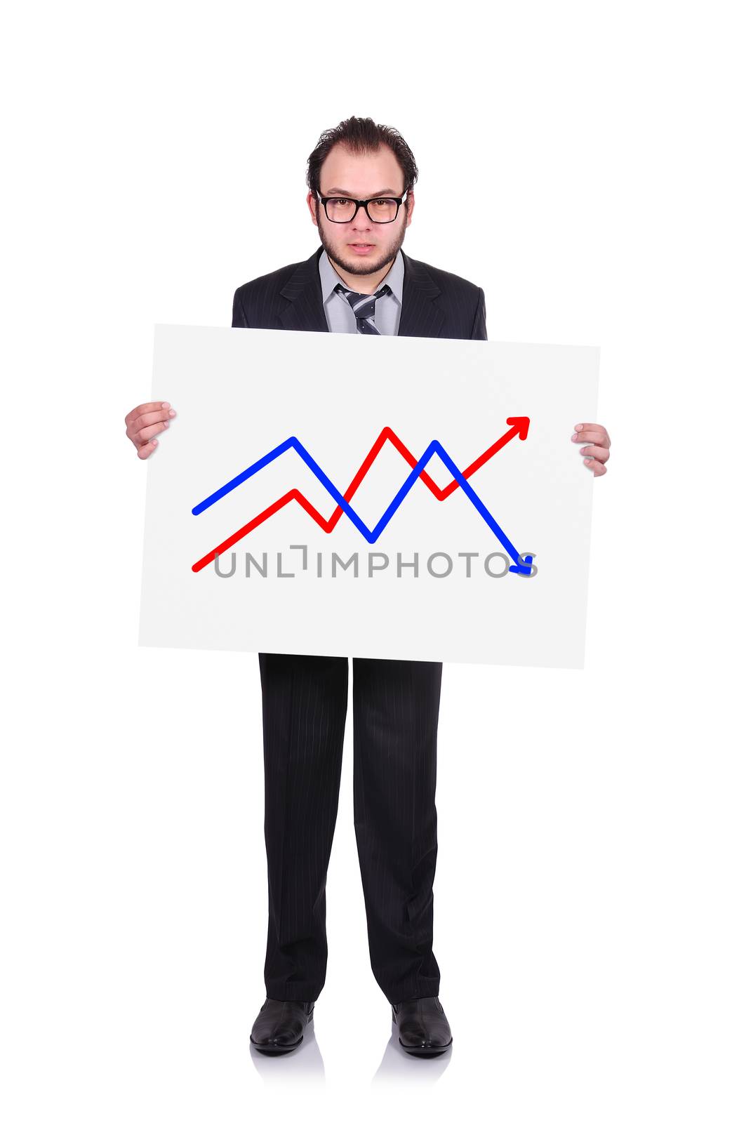 businessman holding a placard with chart of profits