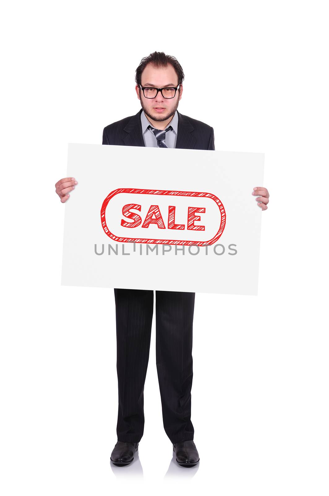 businessman holding a placard with sale symbol