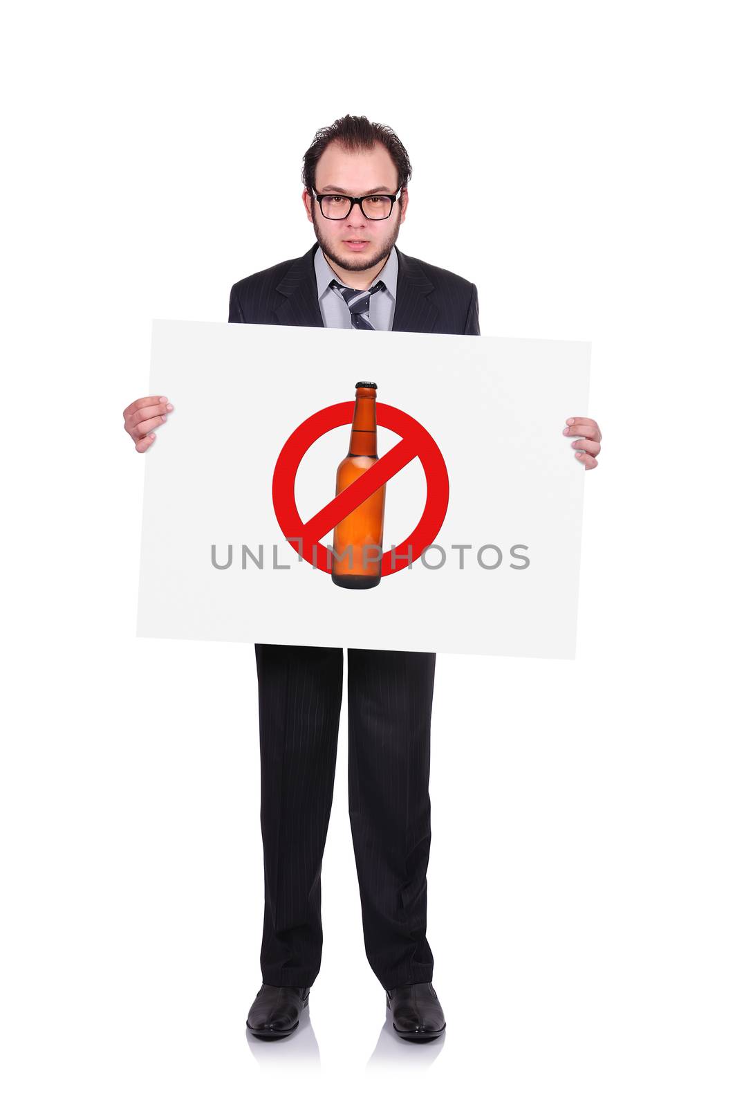 businessman holding a placard with stop alcohol sign