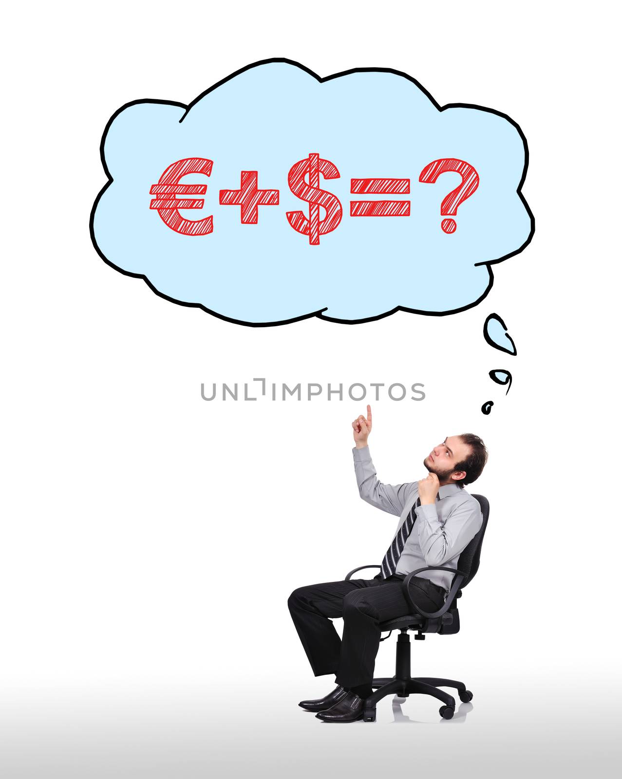businessman sitting in chair and pointing to cloud with formula