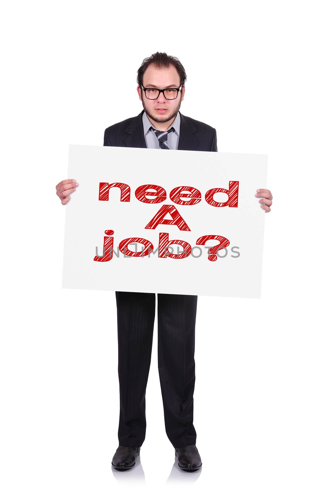 businessman holding a placard with need a job