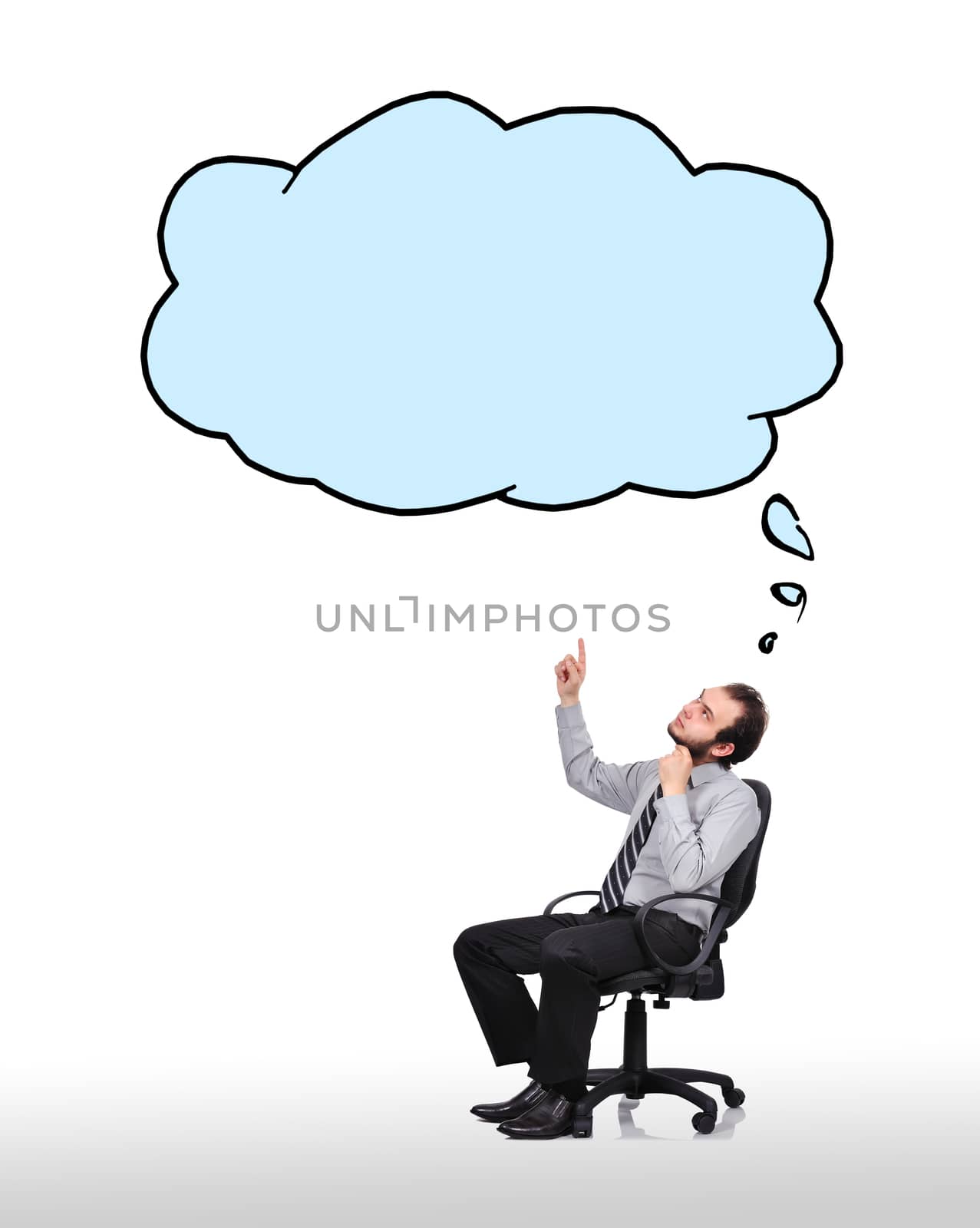 businessman sitting in chair and pointing to cloud