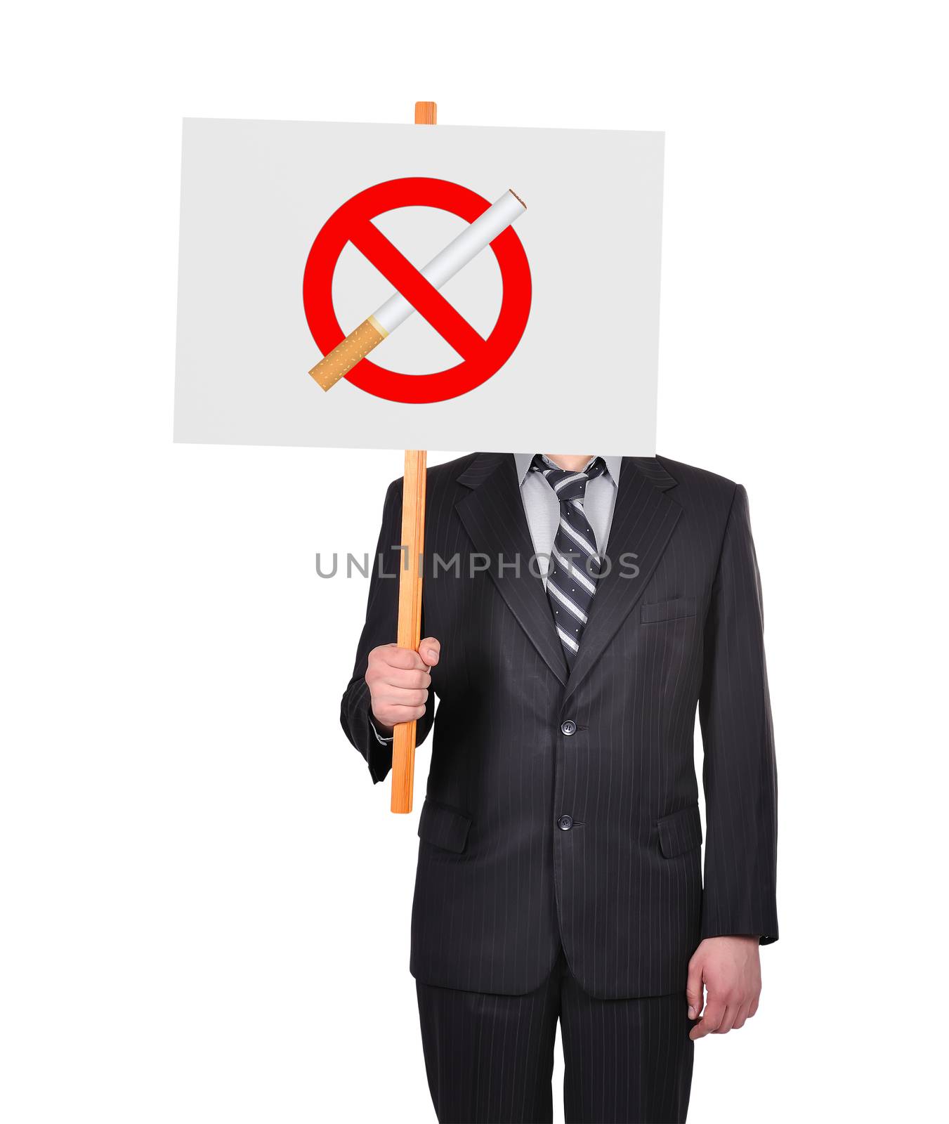 businessman in suit holding signboard with stop smoking