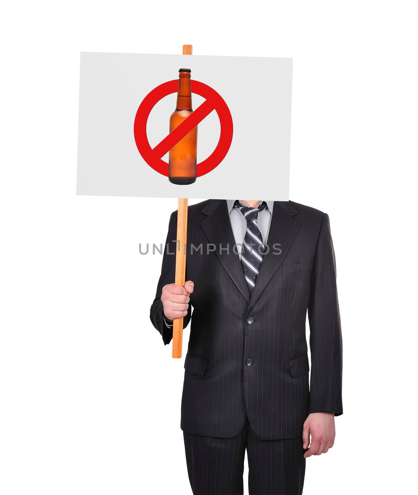 businessman in suit holding signboard with stop alcohol