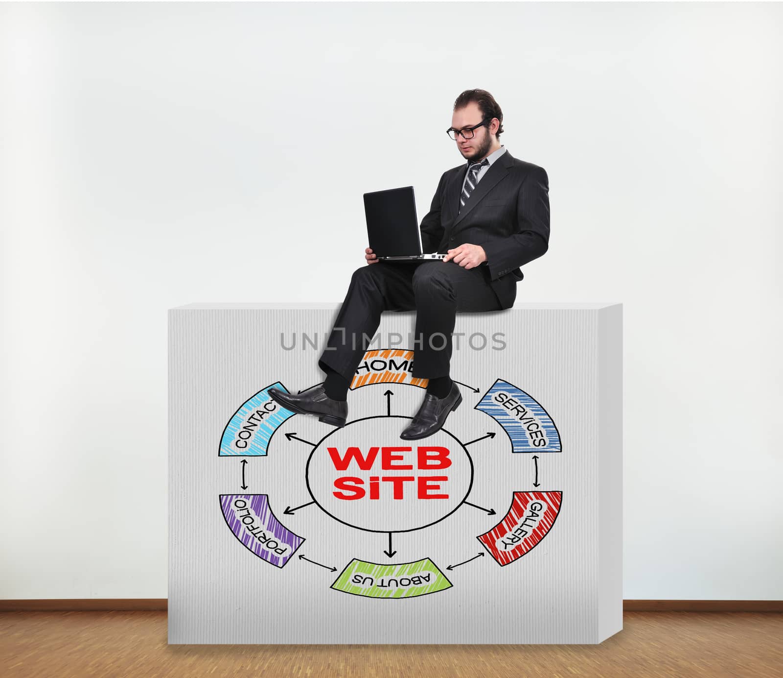 businessman sitting on concrete wall with website concept