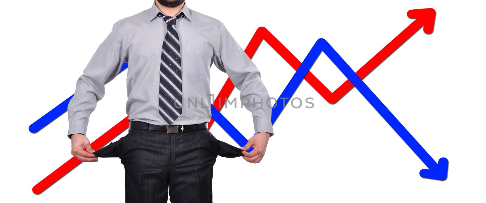 businessman standing with pockets turned inside out, business concept
