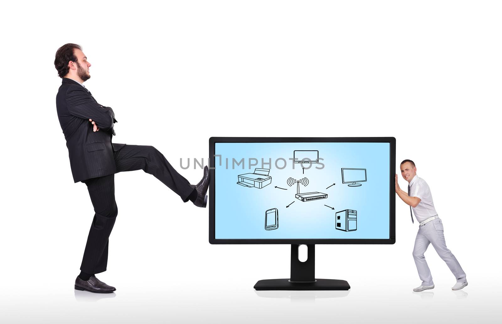 two businessman pushing big monitor with computer network