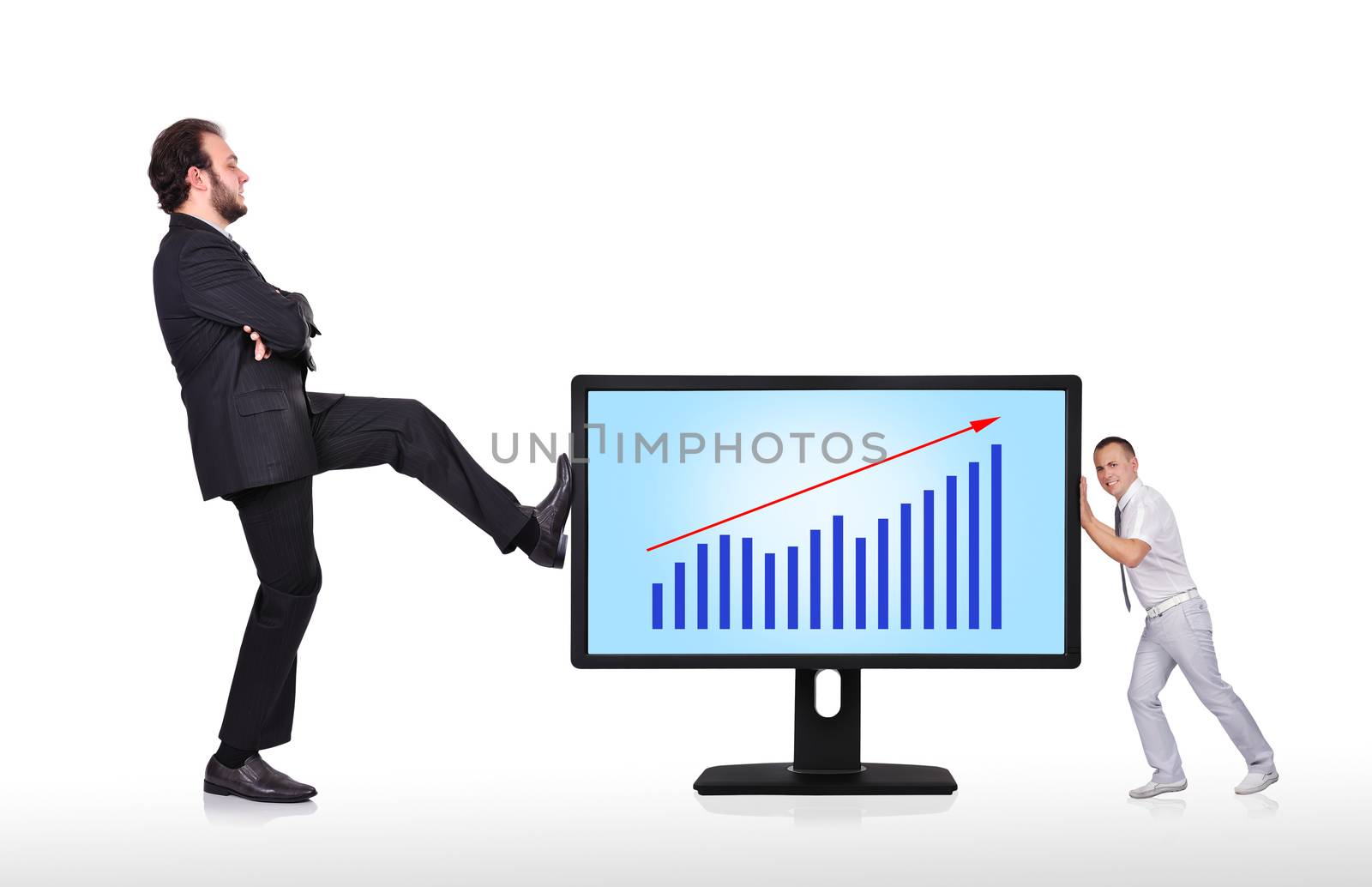 two businessman pushing big monitor with chart