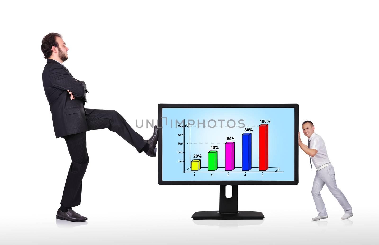 two businessman pushing big monitor with chart