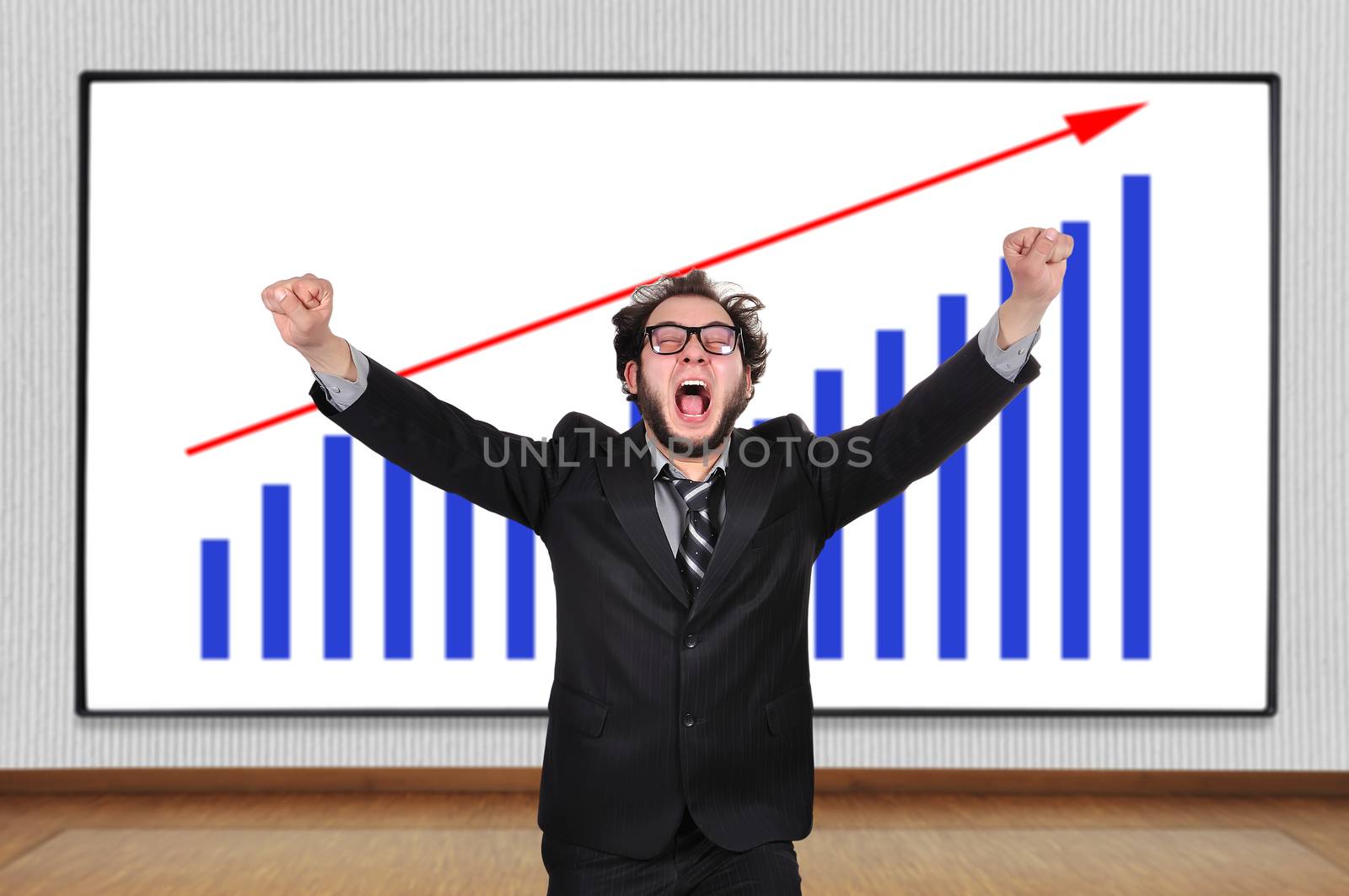crazy  businessman and blackboard with chart