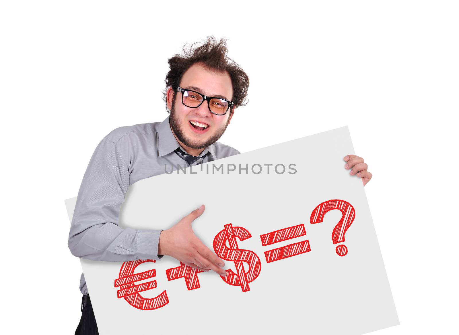 crazy businessman holding signboard with business formula