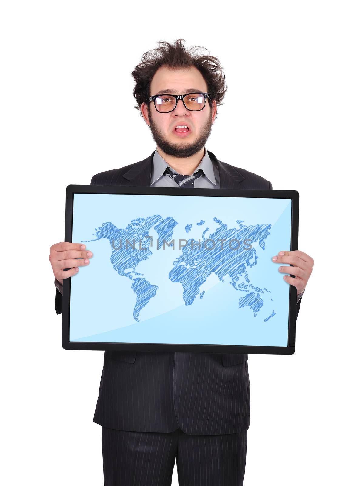 sad businessman holding plasma panel with world map
