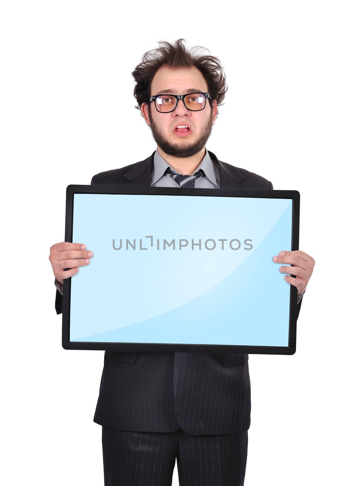 sad businessman  holding plasma panel in hand