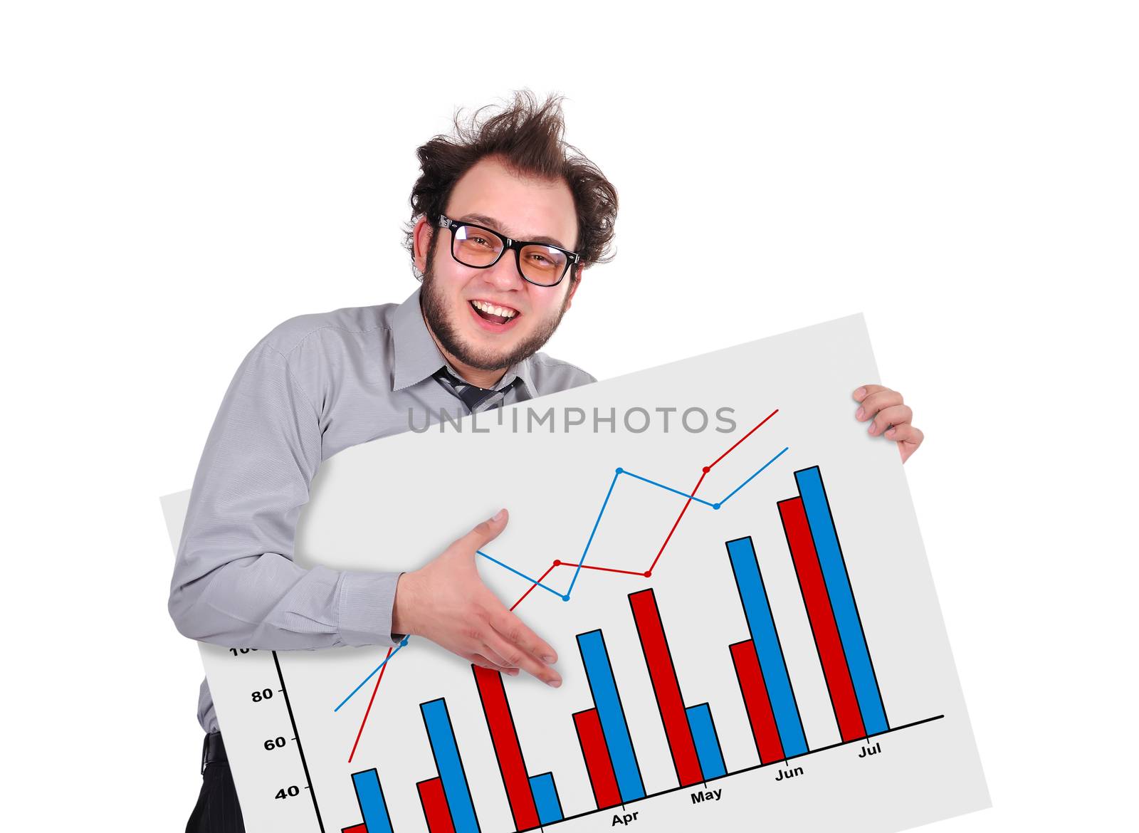 crazy businessman holding signboard with chart