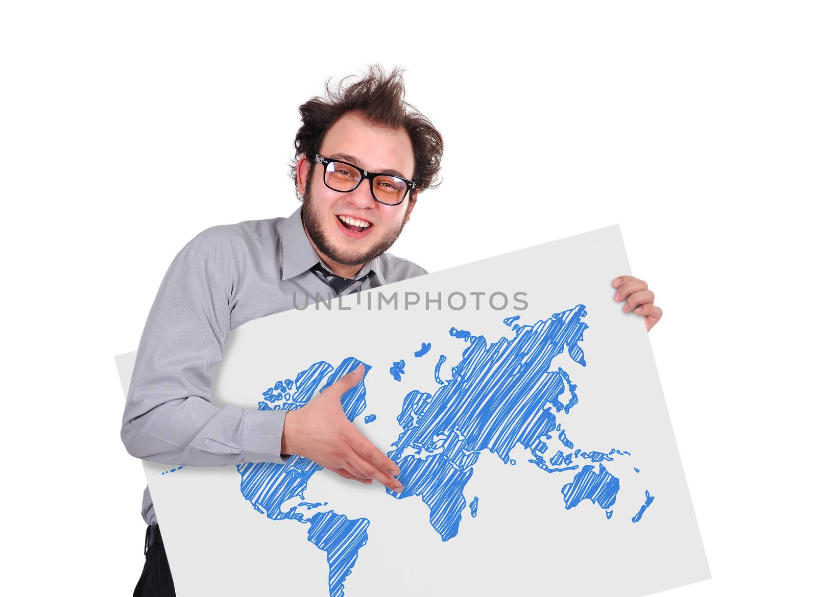 crazy businessman holding signboard with world map