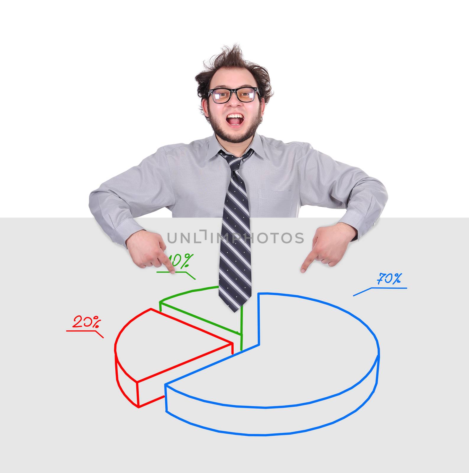 happy businessman pointing to poster with chart