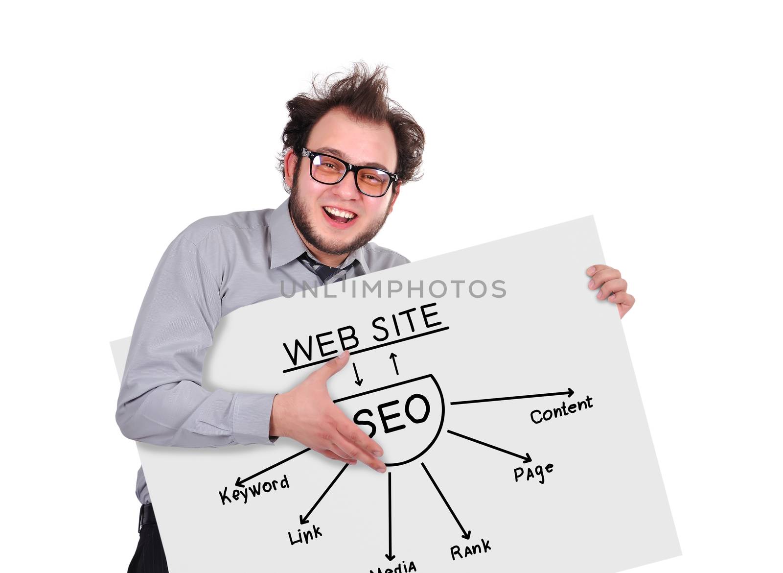 crazy businessman holding signboard with plan seo