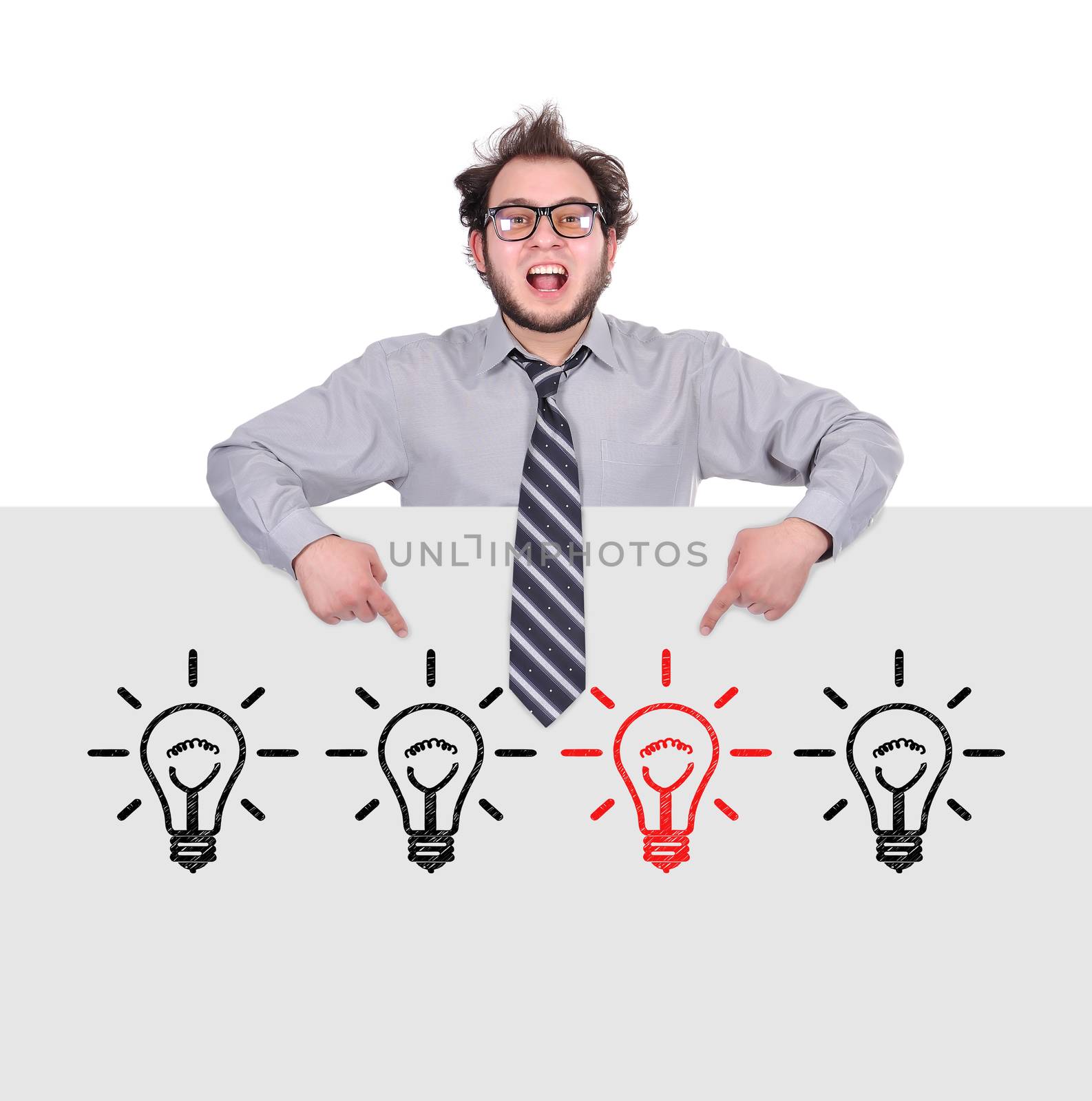 happy businessman pointing to poster with lamps