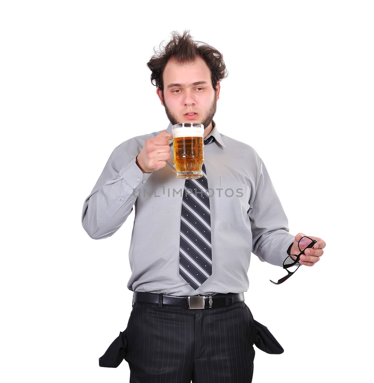 drunk businessman with a glass of beer
