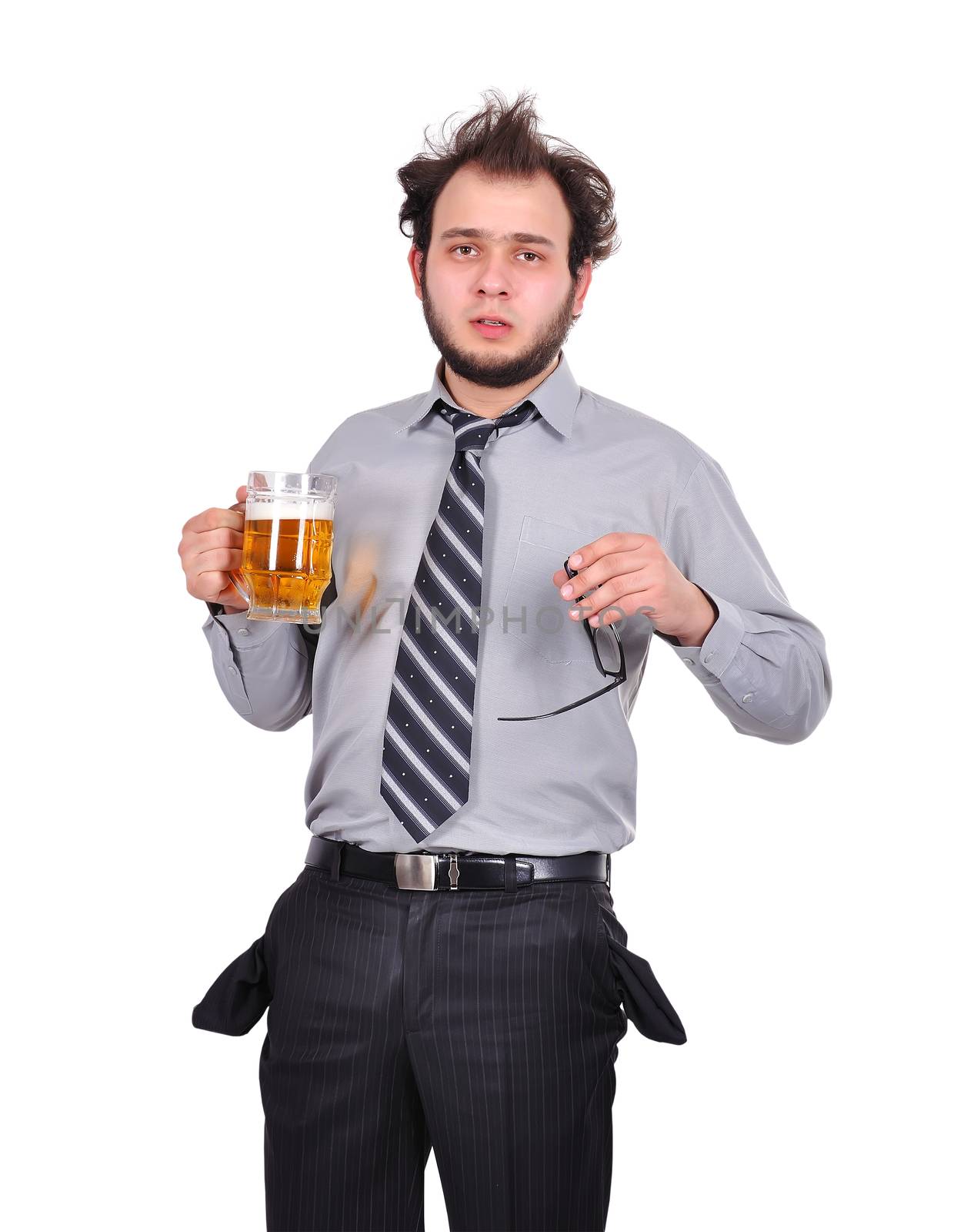 sad drunk businessman with a glass of beer