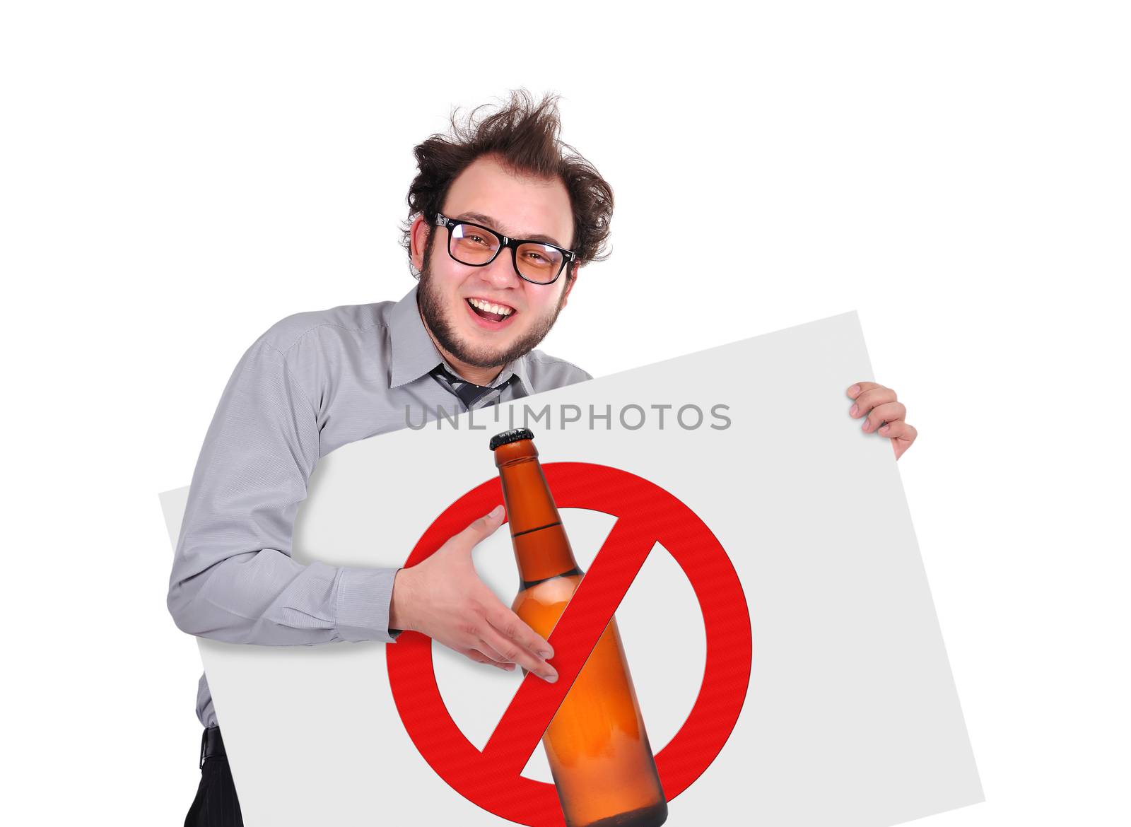 crazy businessman holding signboard with stop alcohol