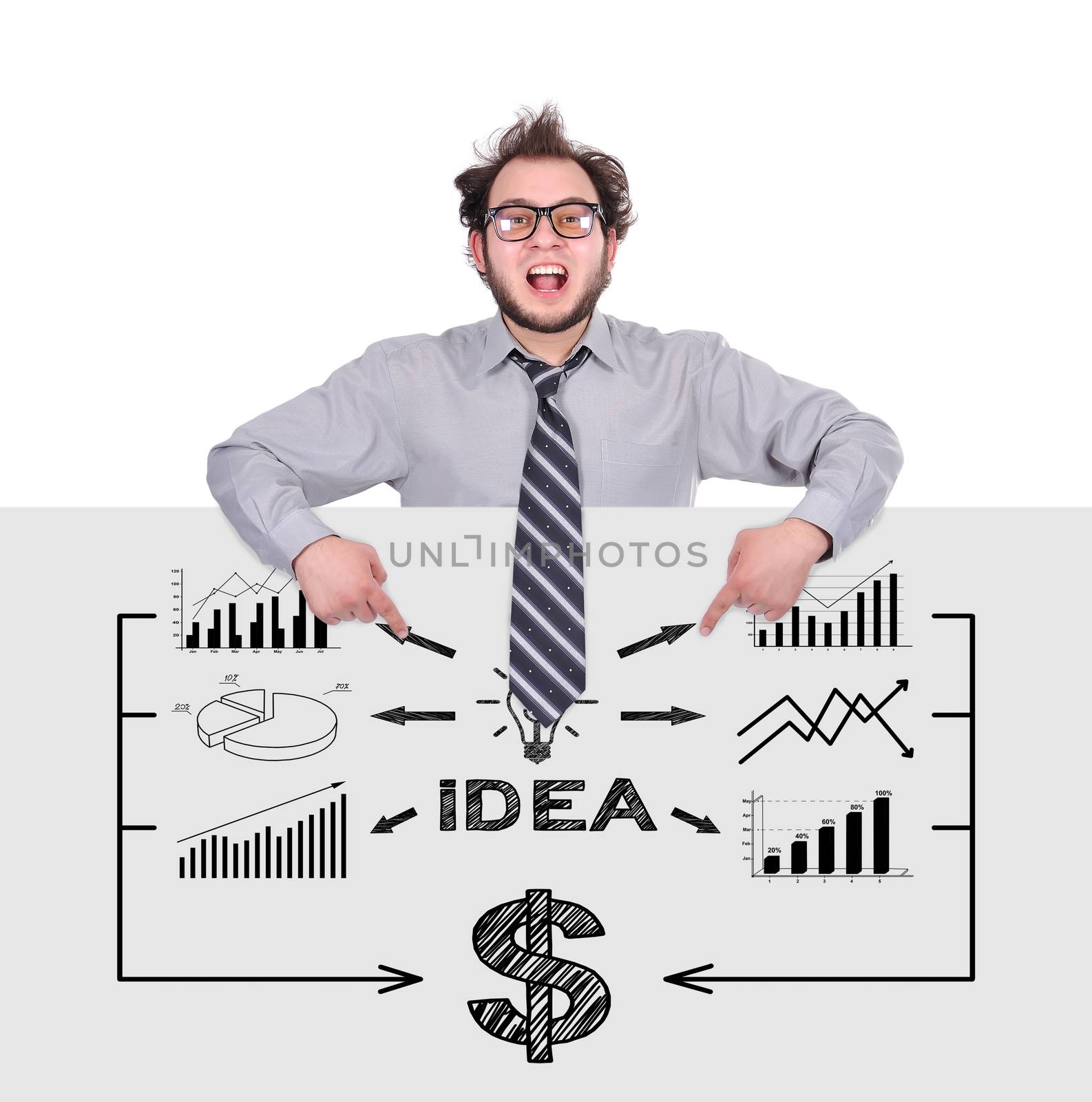 happy businessman pointing to poster with idea concept