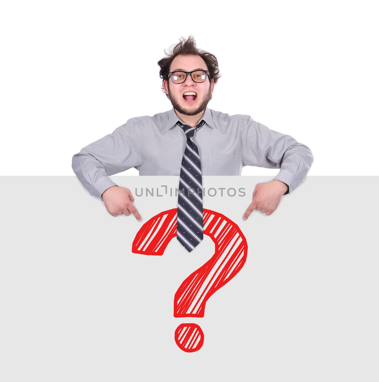 businessman pointing to poster with question mark