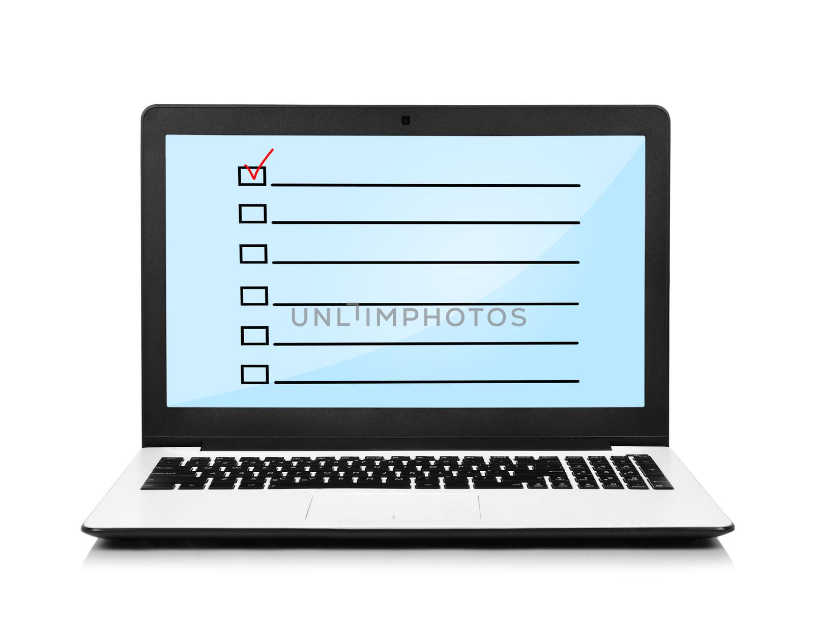 laptop with check box on screen on white background