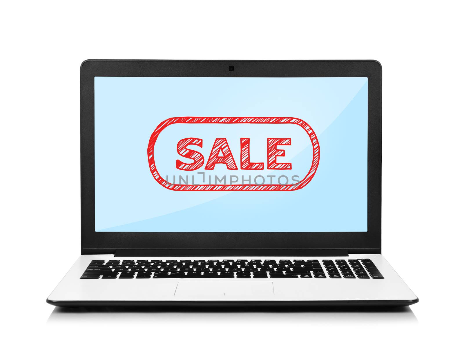 laptop with sale on screen on white background