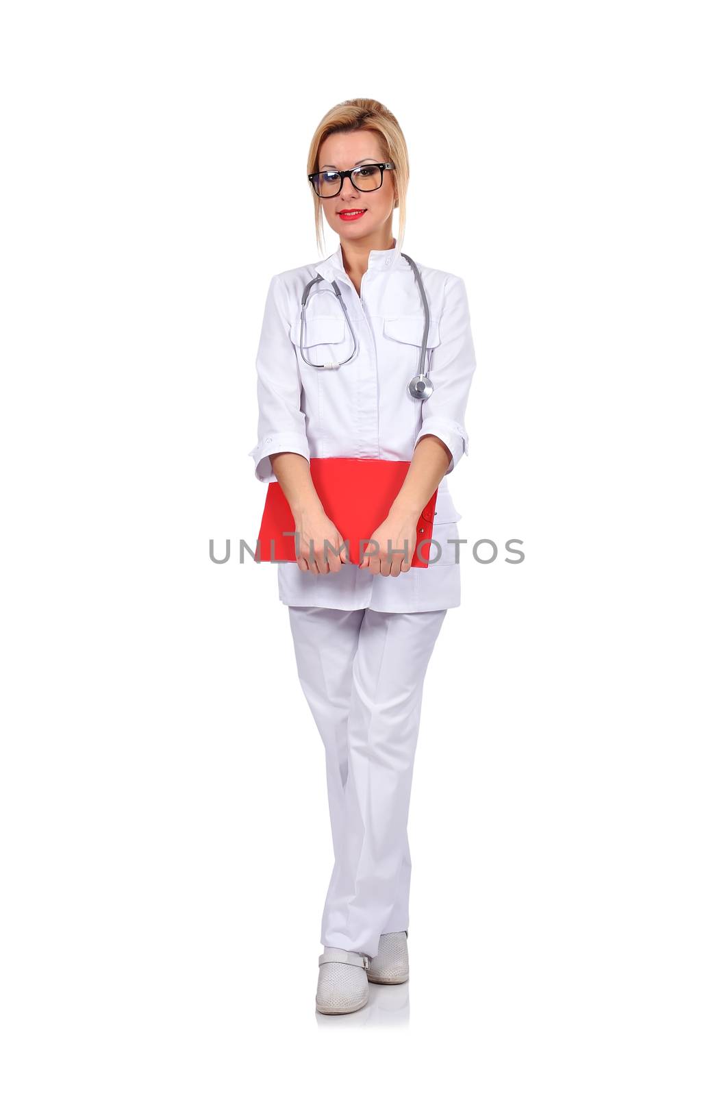 young female doctor with red clipboard
