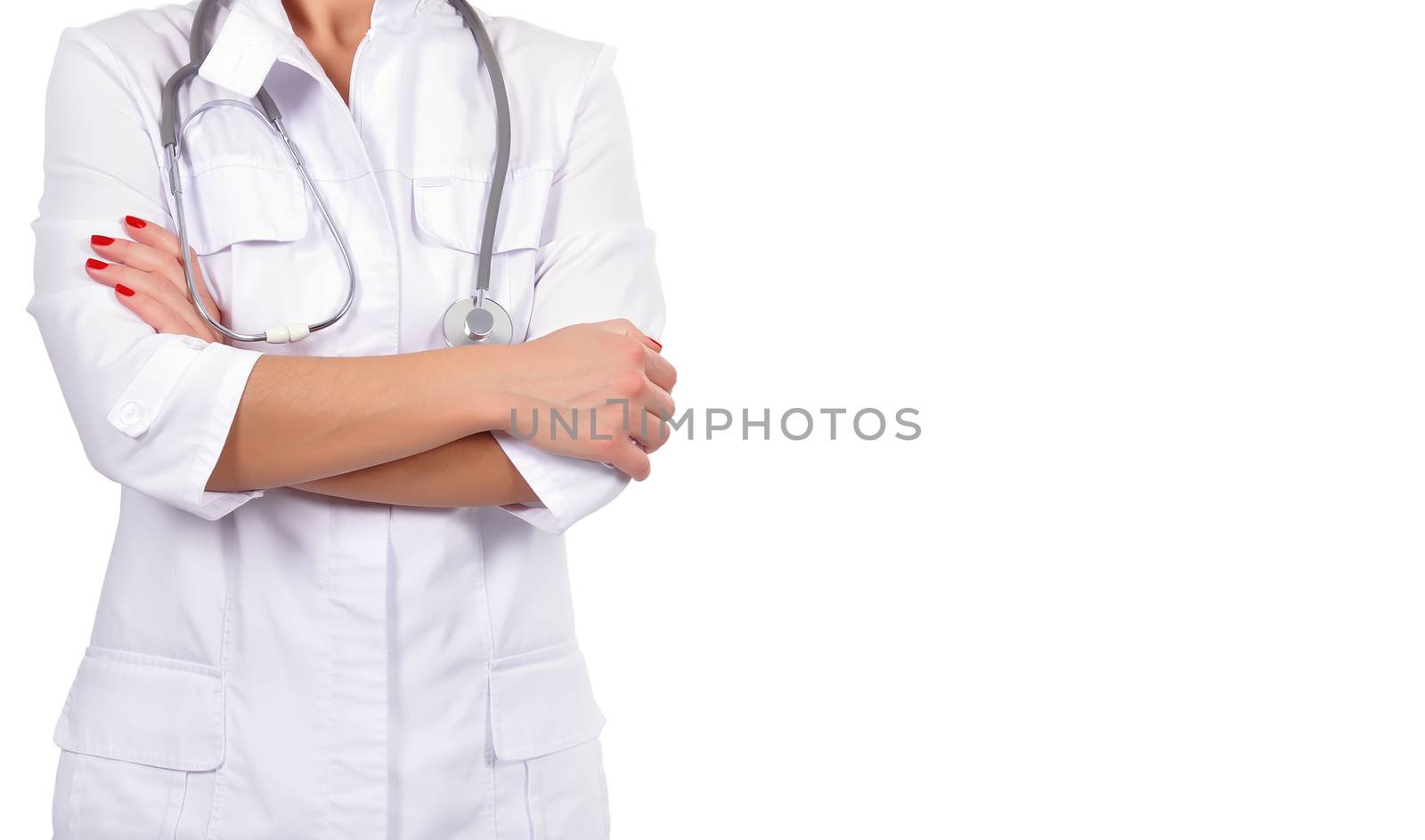 female doctor with stethoscope on a white background