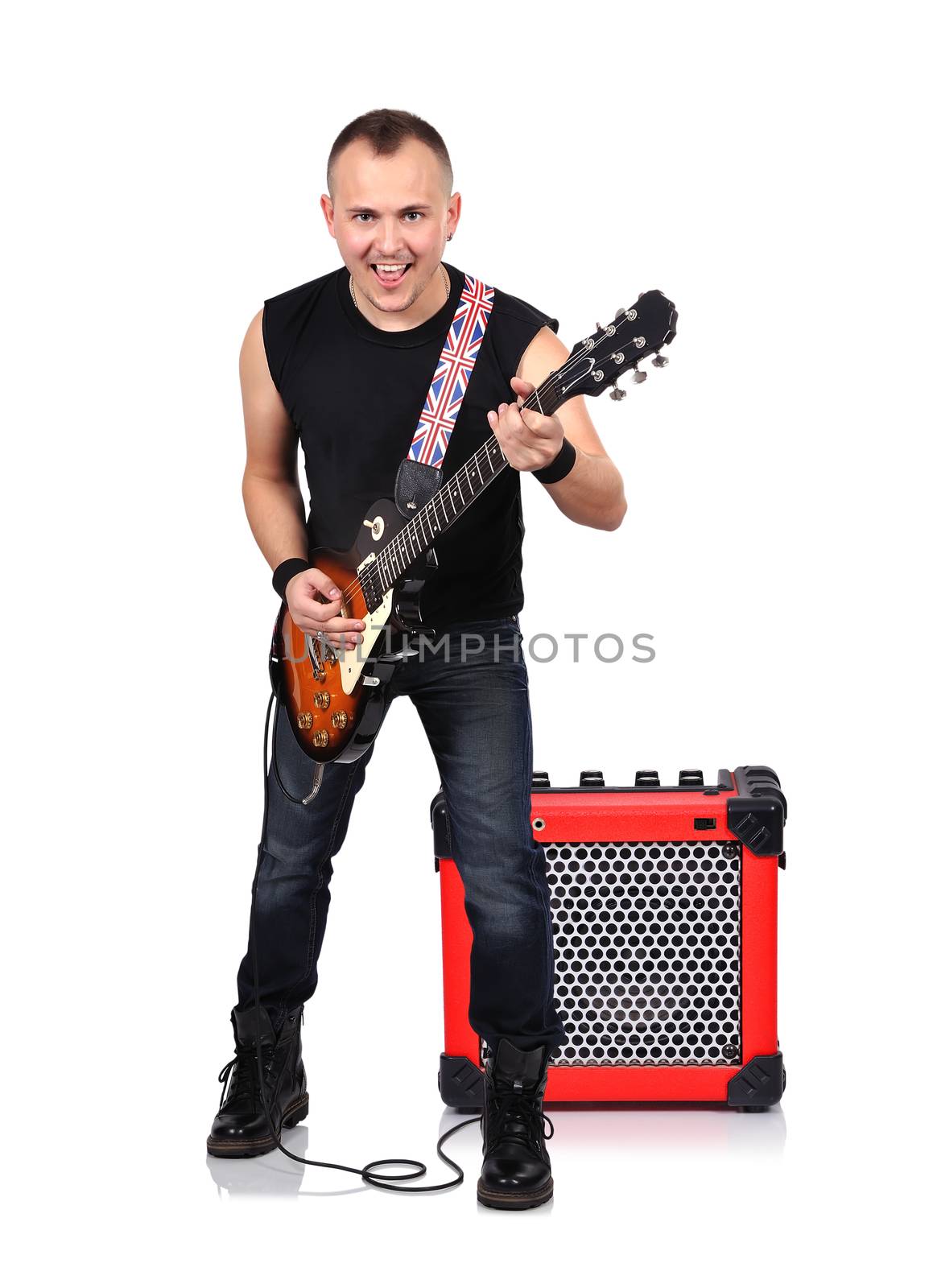 rock musician is playing electrical guitar and guitar combo