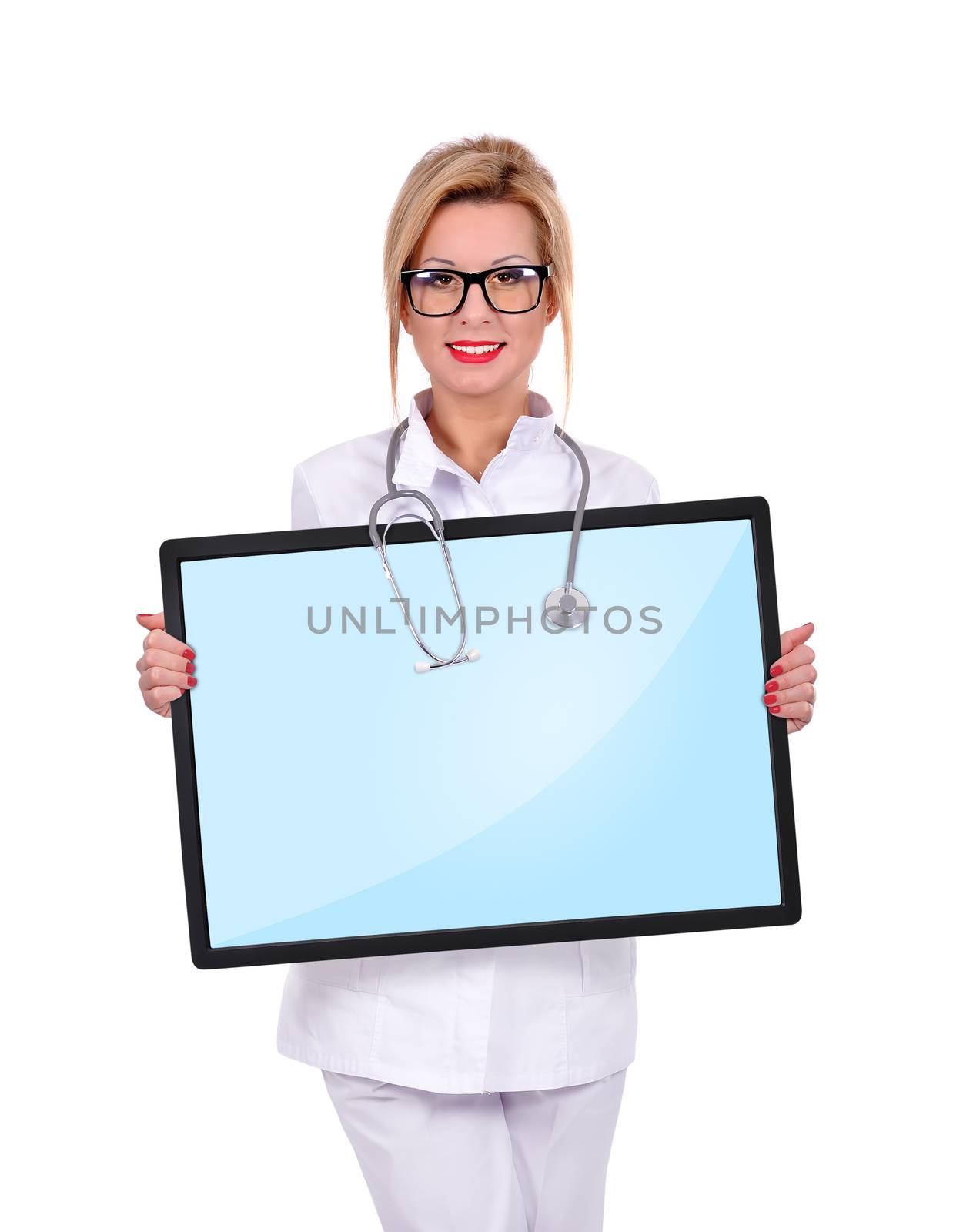 female doctor with big digital  tablet