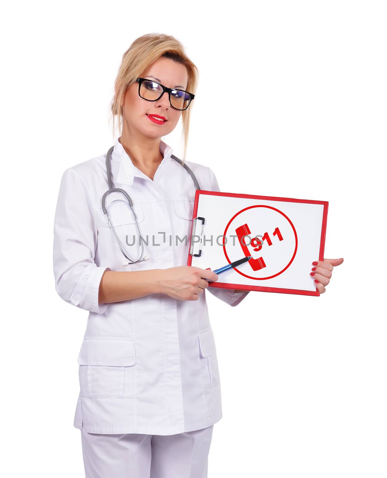 female doctor holding cloipboard with drawing 911 symbol