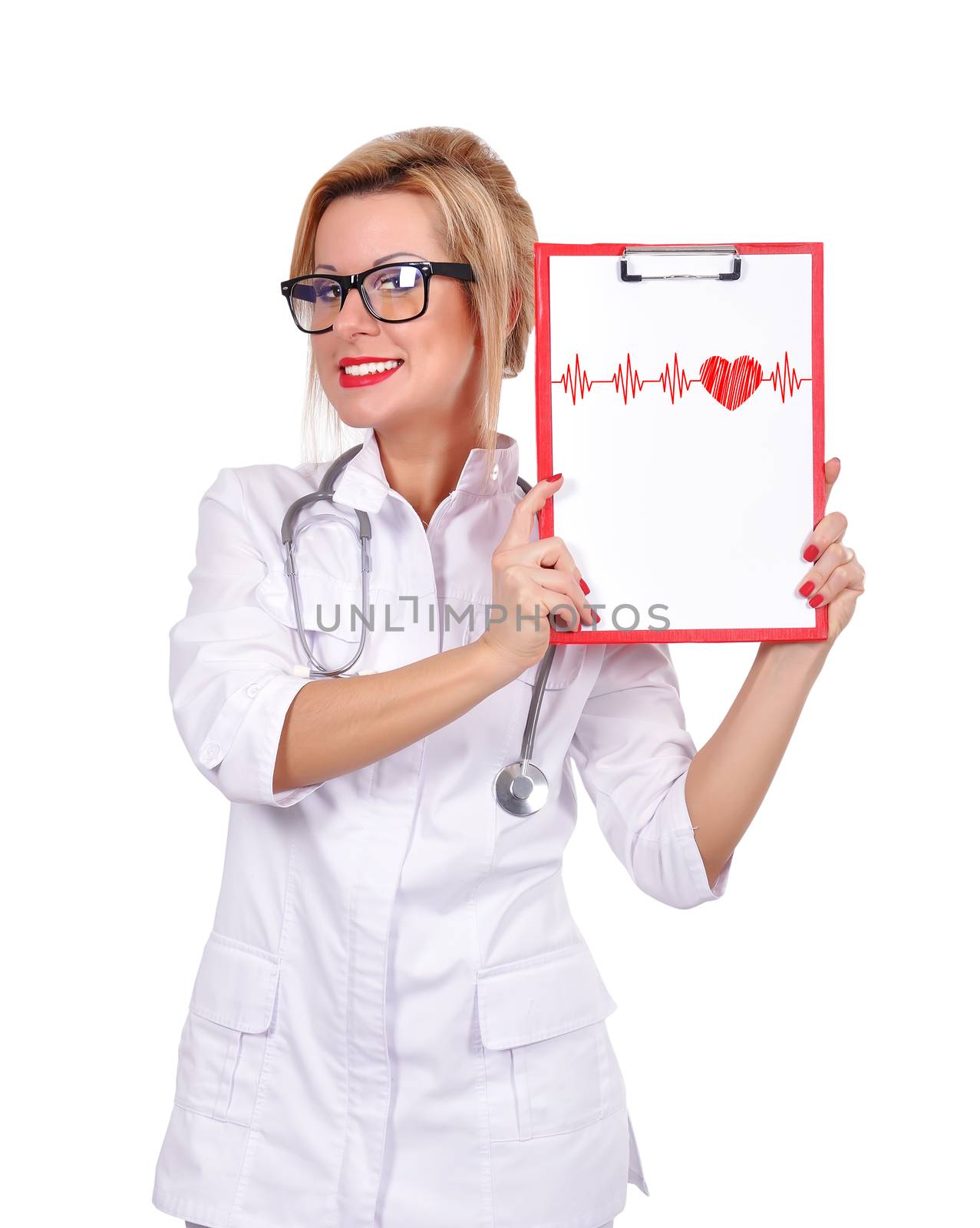 young female doctor and clipboard  with pulse