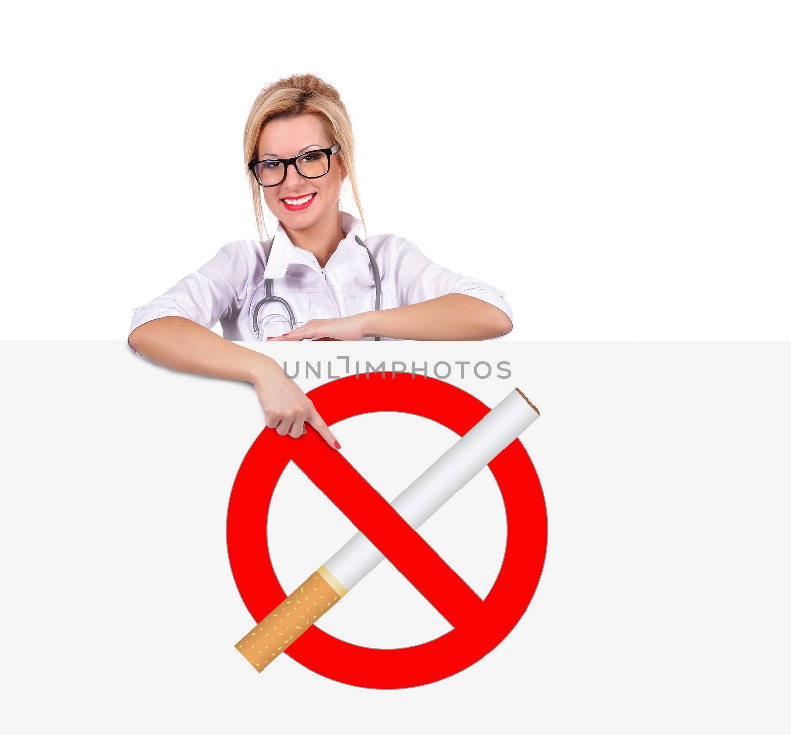 female doctor pointing to poster with no smoking symbol