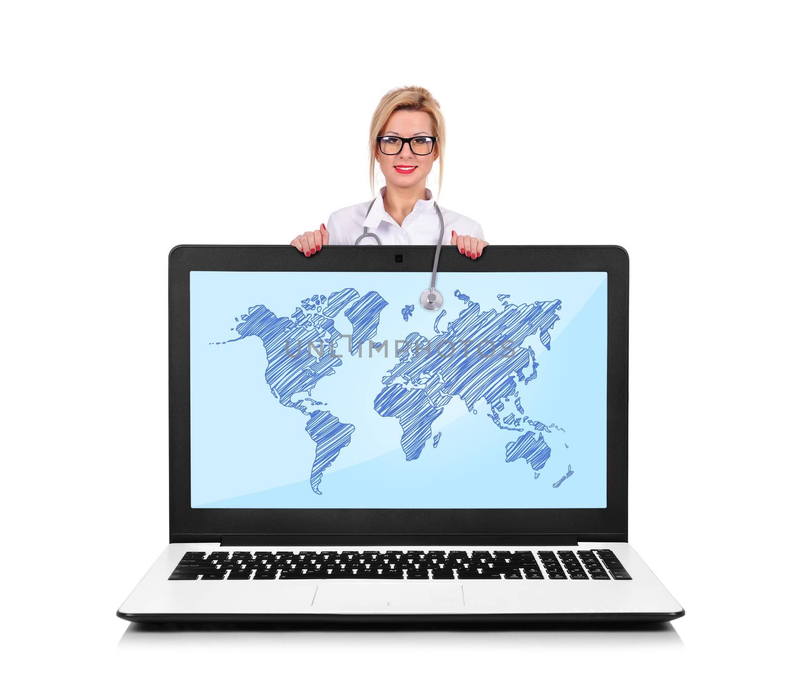 young female doctor with and laptop with world map