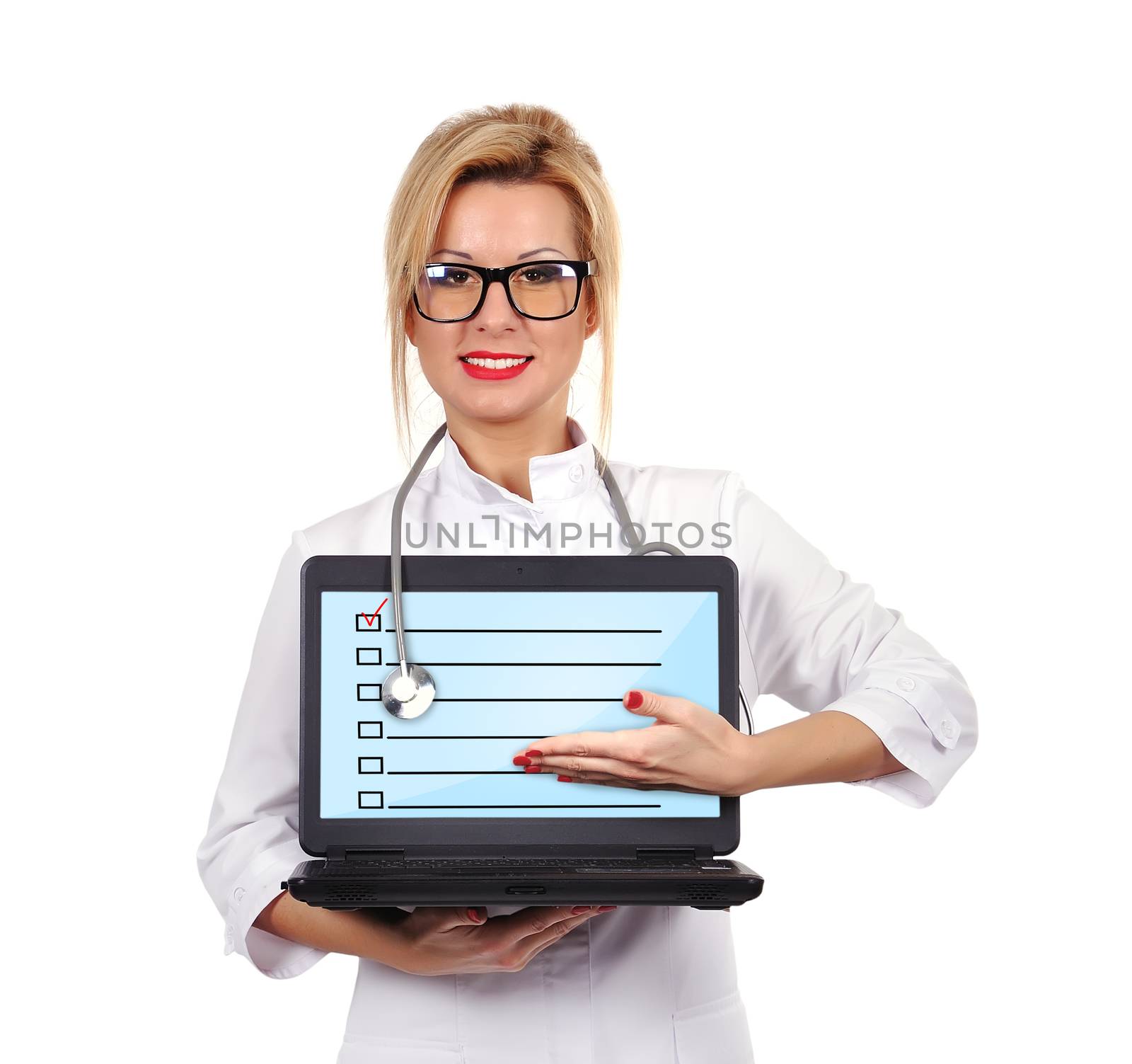 young female doctor holding notebook with check box