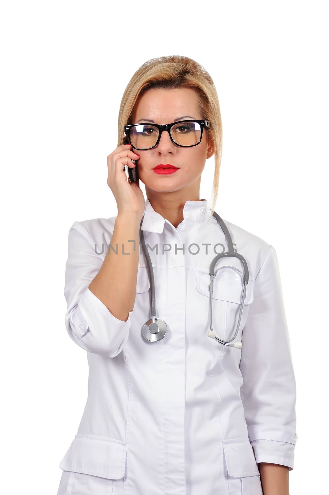 happy female doctor with phone on a white background