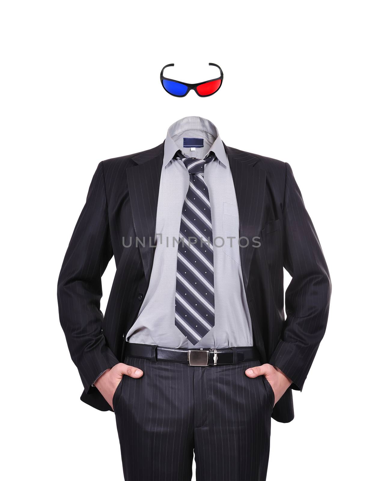 businessman without a head with 3d glasses