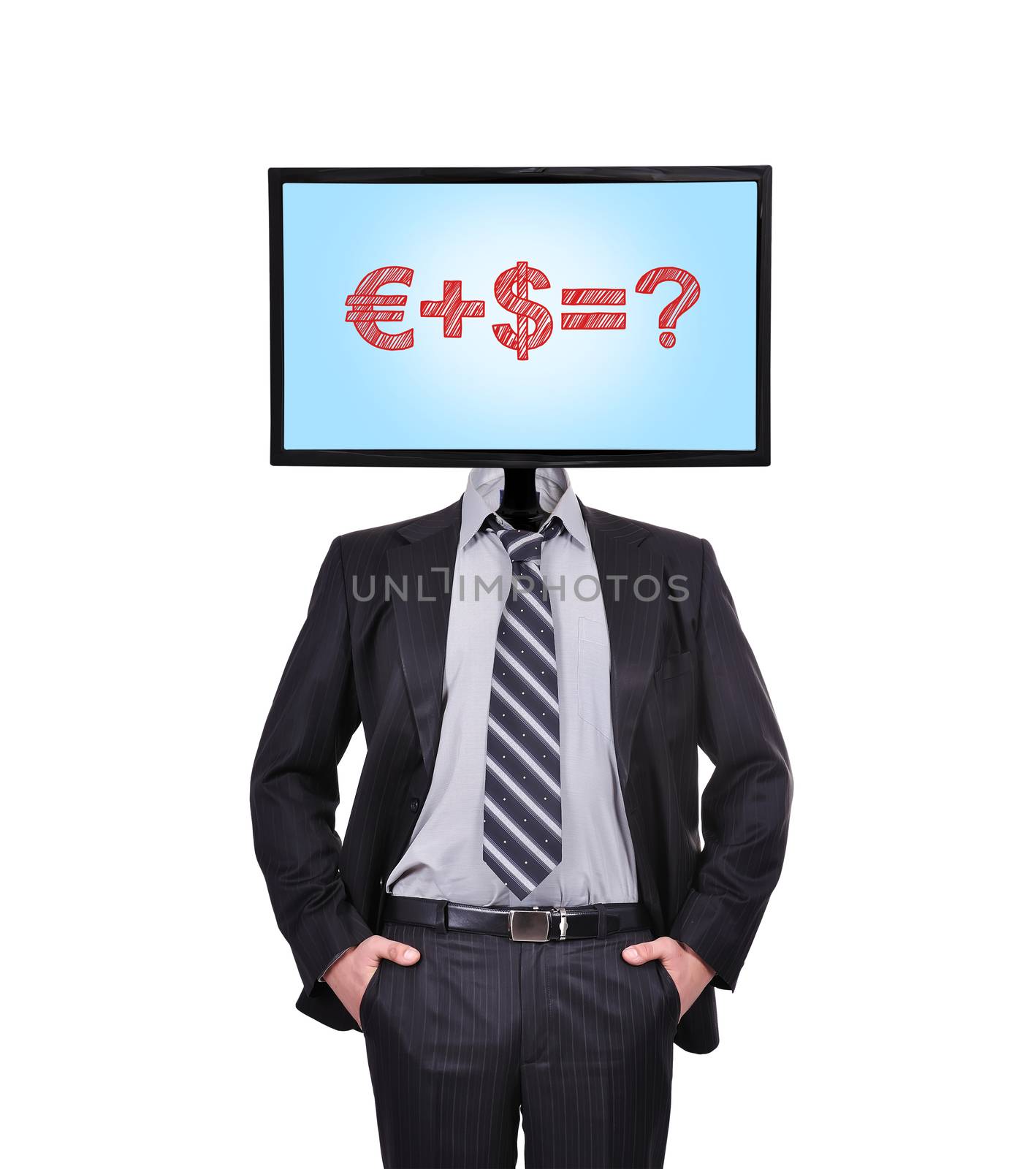businessman and monitor with formula for a head