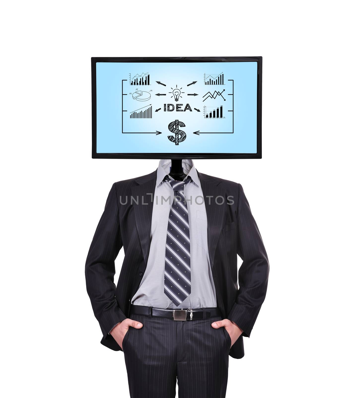 businessman and monitor with business idea  for a head