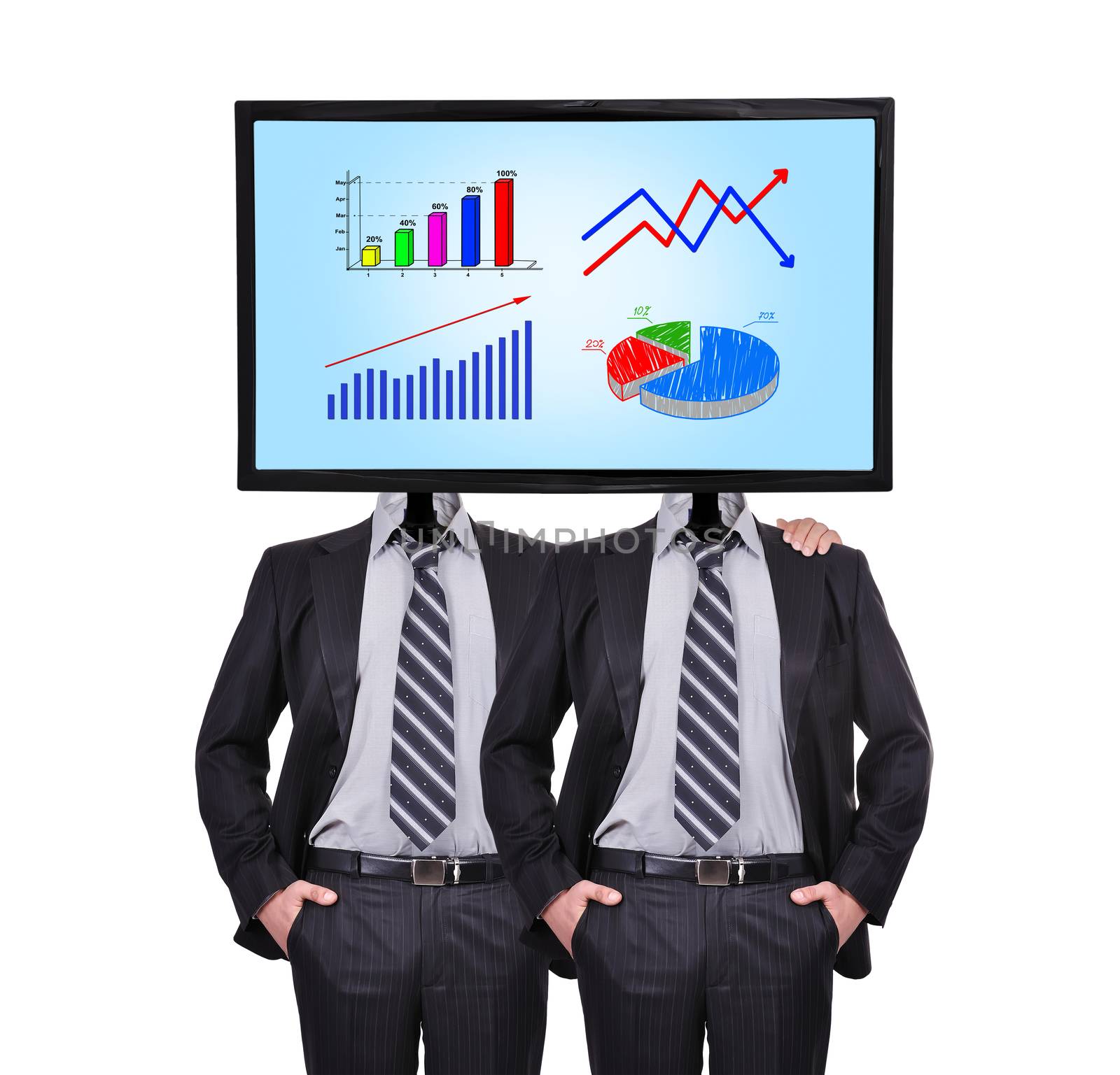 two businessman and monitor with chart for a head